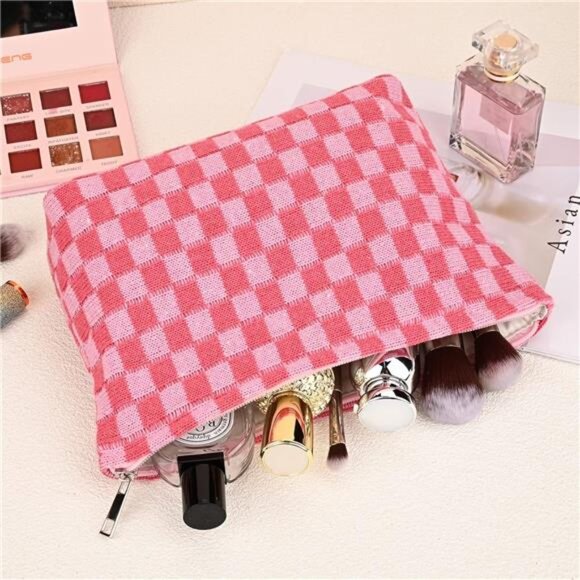 2 Pieces Makeup Bag Large Checkered Cosmetic Bags Travel Toiletry Organizer Set - Picture 5 of 8